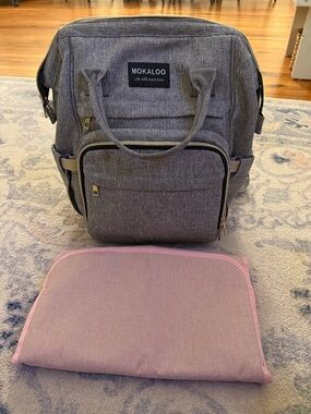 MOKALOO Gray Diaper Backpack with Pink Changing Pad